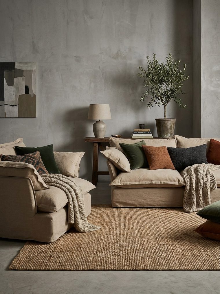 Linen sofas styled in a living room
