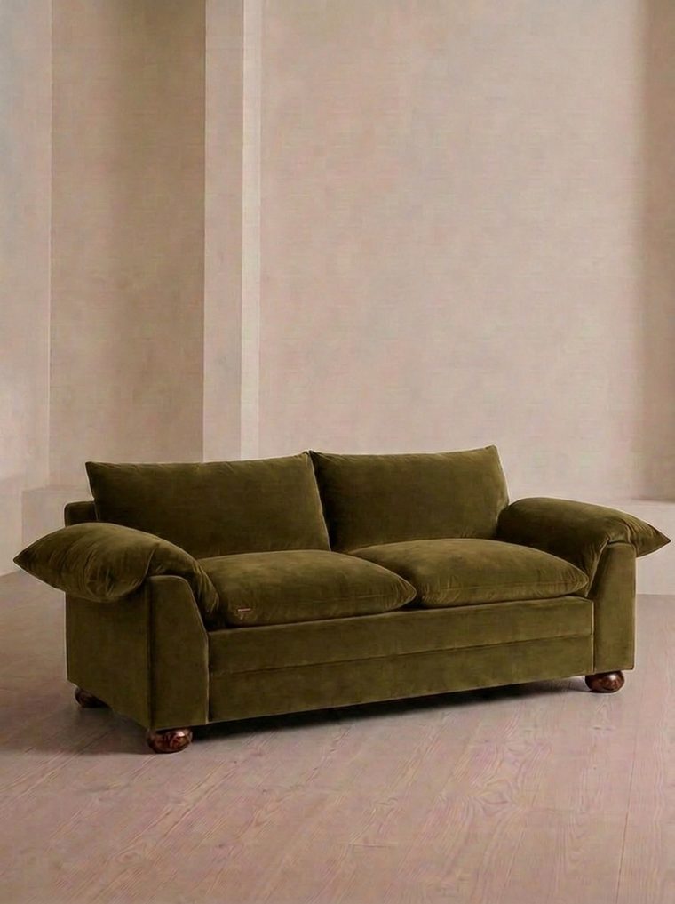 Olive green velvet sofa
